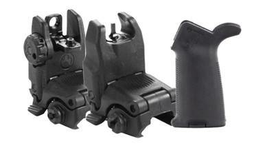 MAGPUL MBUS SIGHTS WITH MOE + GRIP showing front and rear flip-up sights and rubber overmolded pistol grip