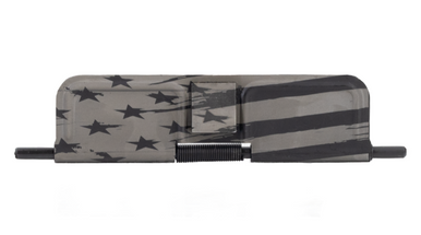 Close-up detail of the custom laser-engraved American Flag artwork on the steel ejection port cover