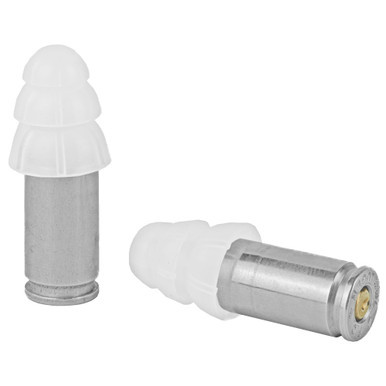 2 Monkey Trading 9mm ear plugs made with brass bullet casings displayed next to protective carrying case
