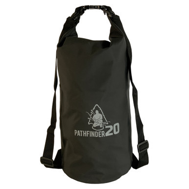 Pathfinder 20L Dry Bag in Black made of 500D PVC with adjustable backpack straps, Pathfinder 20L black waterproof dry bag carried as a backpack on outdoor hiking trail