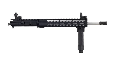 Close-up of 416R stainless steel barrel and 1-2x36 A2 Black Nitride muzzle device on Always Armed 9mm upper