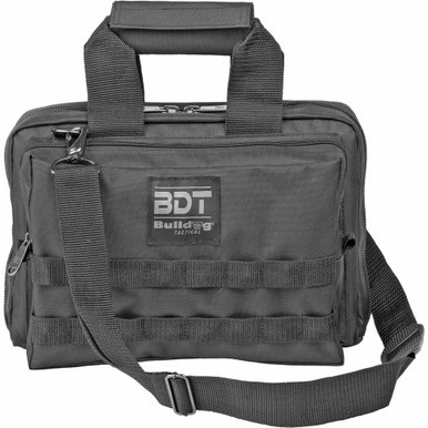 Bulldog Cases Deluxe 2 Pistol Range Bag in Black (BDT917B) with shoulder strap and MOLLE webbing, front view.