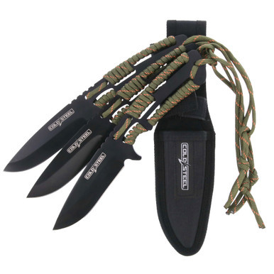 Cold Steel Throwing Knives Set of 3 featuring clip point blades and paracord-wrapped handles. Detail view of the 4.4-inch 4116 stainless steel clip point blade on the Cold Steel throwing knife.