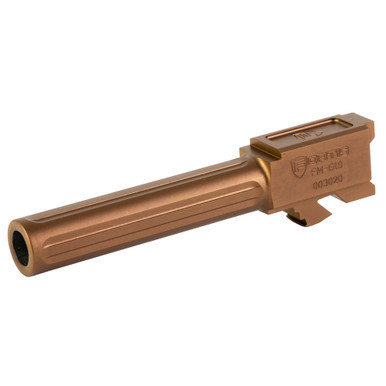 Fortis Fluted Match Grade Barrel for Glock 19/19X in TiCN Copper Nitride finish displaying fluted design and locking block.