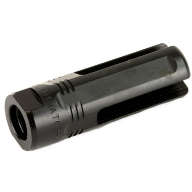 SureFire Eliminator 1/2x28 Flash Hider in black Melonite finish displaying the 3-prong design and installation flats.
