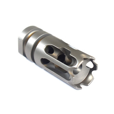 2A Armament T3 Compensator 1/2x28 in titanium showing the bead-blasted matte finish and compensation ports.