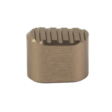 Rise Armaments AR-15 magazine release button in Spartan Bronze showing anti-slip horizontal grooves.