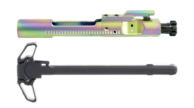 Ambidextrous charging handle and chameleon PVD rainbow M16 bolt carrier group combo for AR-15.