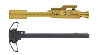 Ambidextrous charging handle and titanium nitride gold M16 bolt carrier group combo.