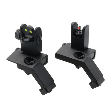 Flip-up 45-degree front and rear fiber optic offset sight set mounted on Picatinny rail in matte black finish