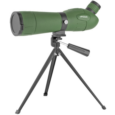 Konuspot Spotting Scope 20-60x60mm in green. Highlights the sleek optical body, rubberized focus control wheel, attached tabletop tripod base, and protective nylon carrying case.