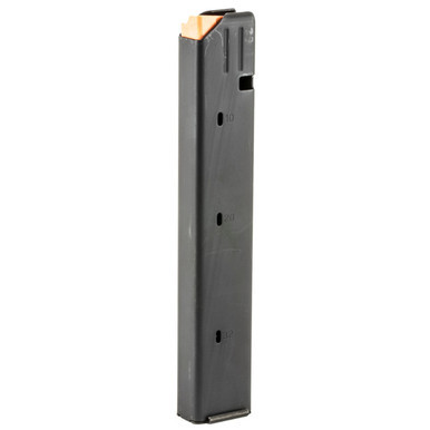 ASC 32rd 9mm Colt Pattern Magazine in black. Highlights the rib-reinforced steel stick body, Colt-style locking cutouts, textured baseplate, and high-tensile internal chrome silicon spring design built for AR-9 platforms. ASC 32rd 9mm Colt pattern stainless steel magazine in black side view