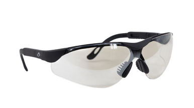 Walker’s Elite Sport shooting safety glasses featuring adjustable telescoping temples, 5-position ratchet adjustment, and high-impact polycarbonate ICE tint lenses