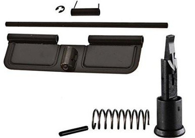 Forward Assist and Dust Cover Assembly Combo. Displays the complete forward assist assembly with return spring alongside the steel ejection port door, hinge pin, torsion spring, and snap ring.
