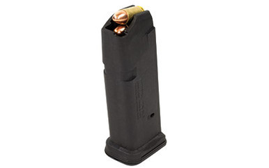 Magpul PMAG 15 GL9 15rd 9mm Magazine for Glock 19. Highlights the durable black polymer construction, controlled-tilt follower, side witness holes, and flared floor plate designed for compact Glock handguns.