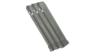 SGM Tactical 9mm 33-round extended magazines neatly arranged. Highlights the durable black polymer body construction, steel feed lips, alignment witness holes along the spine, and textured floor plates designed for full-size and compact 9mm Glock platforms.
