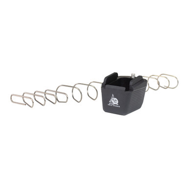Odin Works black 6061 aluminum +5 magazine base extension for Sig Sauer P320 shown with included extra power spring, threaded push-pin, and allen wrench