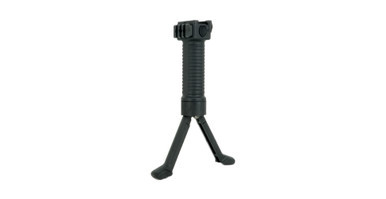 Shooter's Gate bipod foregrip in reinforced polymer mounted on a 1913 Picatinny rail acting as a vertical grip and bipod