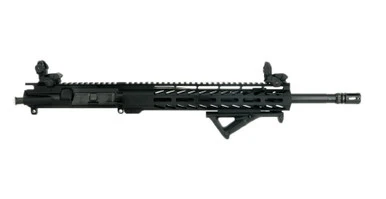 Always Armed 16 inch 5.56 NATO upper receiver in hard coat black anodized with 12 inch M-LOK rail, pop-up sights, and angled foregrip