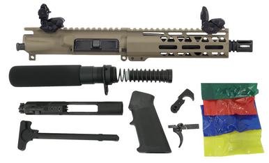 Complete Always Armed 7.5" 5.56 pistol build kit in FDE Cerakote featuring BCG, Trinity Force sights, LPK, and pistol buffer tube kit.