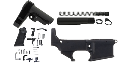 Complete AR-15 80% lower build kit featuring black 80% lower receiver, SBA3 brace, carbine buffer kit, and lower parts kit.