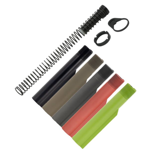 Complete USA-made 6-position 7075-T6 carbine buffer tube assembly with buffer, spring, castle nut, and end plate.