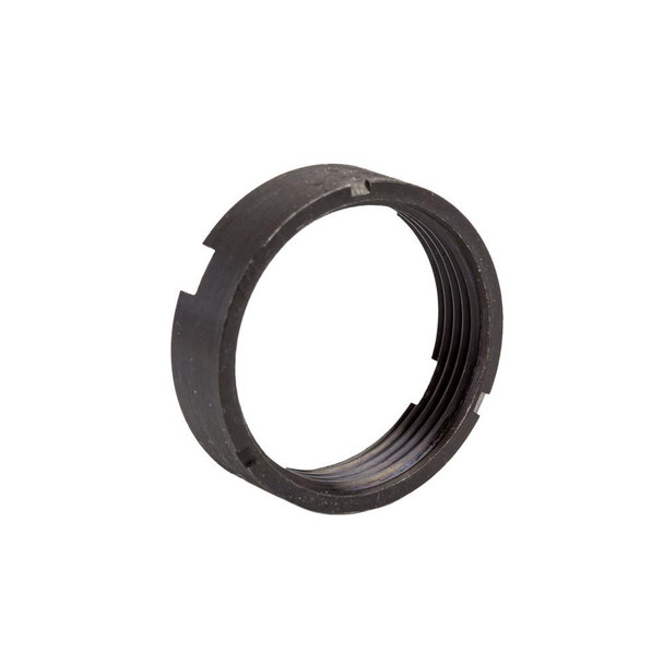 4140 tool steel AR-15 Mil-Spec castle nut for carbine buffer tube assembly showing thread detail and staking notches.