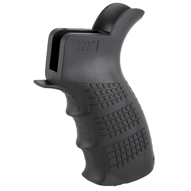 Black polymer UTG PRO ambidextrous AR-15 pistol grip featuring ergonomic finger grooves and non-slip texture.