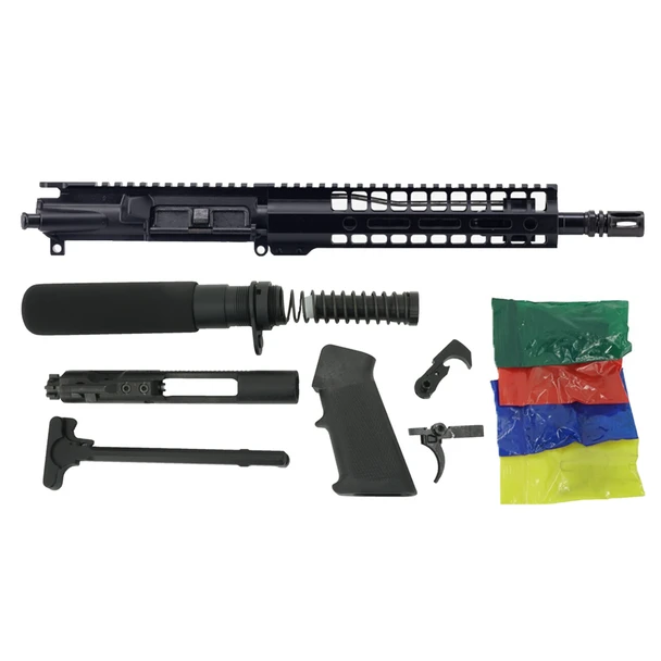 Always Armed 10.5" .300 Blackout BR Series Pistol Kit components laid out neatly, featuring the black anodized upper receiver with a 9-inch BR M-LOK handguard, M16 bolt carrier group, lower parts kit, and pistol buffer tube assembly.