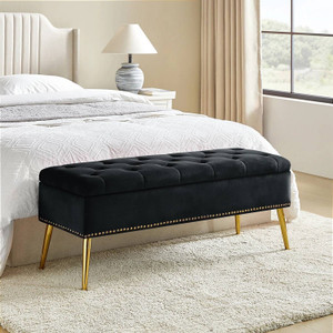 Mid-Century Modern End of Bed Storage Bench with Black Velvet Seat and Gold Legs Q280-BLKUFSB164825761