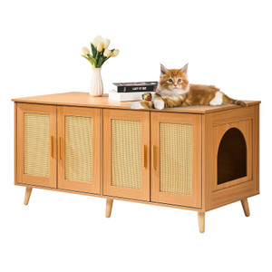 Cat Litter Box Enclosure for 2 Cats, Litter Box Furniture Hidden with Rattan Decorated Doors, Woode E415-JSDMMSPWQ472W1G51V0