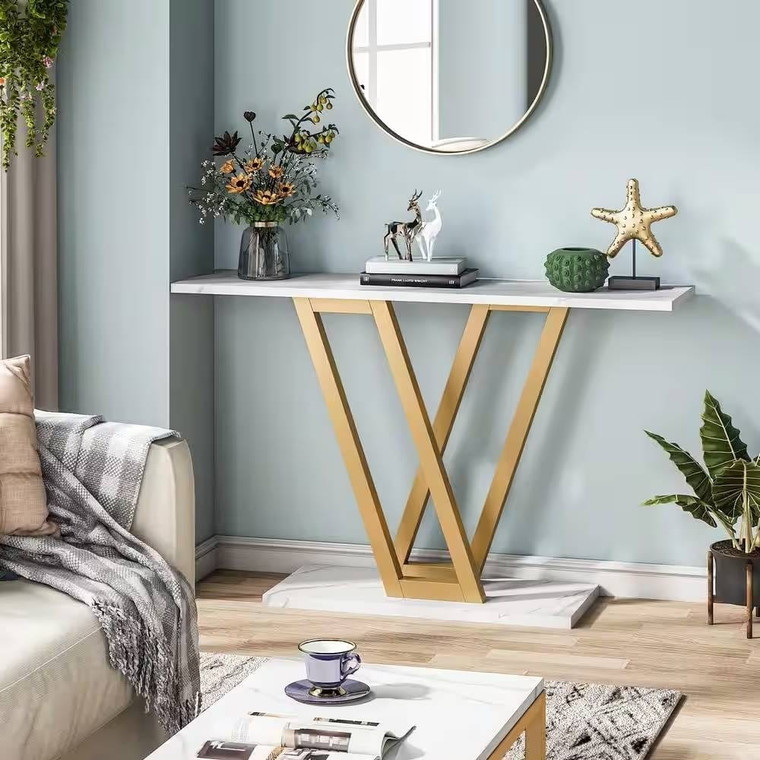 Modern Industrial Console Table with Faux White Marble Top and Gold Frame Q280-FMWGCT8958147