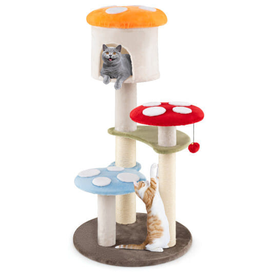 Cute Mushroom Cat Tree with Sisal Scratching Posts Top Condo and Padded Platforms-Multicolor B593-PV10268