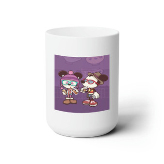Hipster Mickey Mouse and Minnie Mouse White Ceramic Mug 15oz Sublimation BPA Free