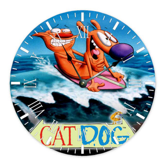 CatDog Round Non-ticking Wooden Wall Clock