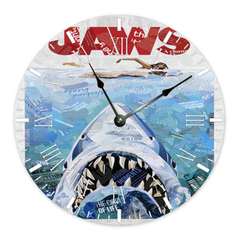 Jaws Movie Poster Round Non-ticking Wooden Black Pointers Wall Clock