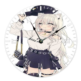 Kawaii Anime Girl Round Non-ticking Wooden Black Pointers Wall Clock