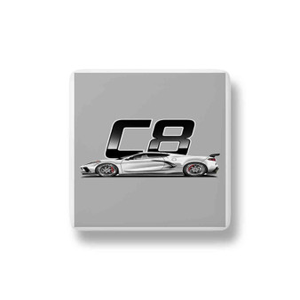 Corvette C8 White Porcelain Refrigerator Magnet Square