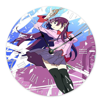 Bakemonogatari Custom Wall Clock Round Non-ticking Wooden Black Pointers