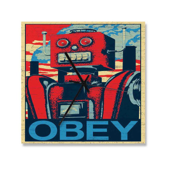 Robot Obey Custom Wall Clock Square Silent Scaleless Wooden Black Pointers