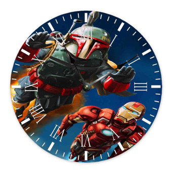 Boba Fett and Iron Man Wall Clock Round Non-ticking Wooden