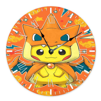 Pikachu as Mega Charizard Pokemon Wall Clock Round Non-ticking Wooden