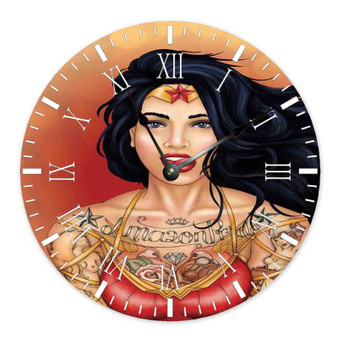 Punk Wonder Woman Wall Clock Round Non-ticking Wooden