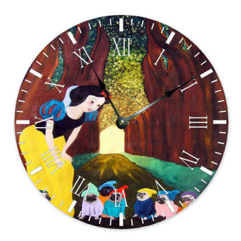 Snow White and Pug Dog Wall Clock Round Non-ticking Wooden