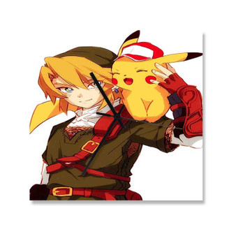 Link and Pikachu Wall Clock Square Wooden Silent Scaleless Black Pointers