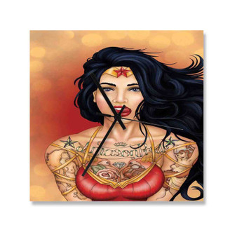 Punk Wonder Woman Wall Clock Square Wooden Silent Scaleless Black Pointers