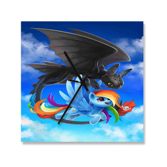 Rainbow Dash and Toothless Wall Clock Square Wooden Silent Scaleless Black Pointers