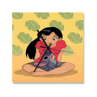 Teenage Lilo with Stitch Wall Clock Square Wooden Silent Scaleless Black Pointers