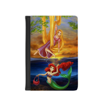 Tangled Rapunzel and Ariel Mermaid Disney Custom PU Faux Leather Passport Cover Wallet Black Holders Luggage Travel
