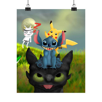 Pikachu Stitch and Toothless Custom Silky Poster Satin Art Print Wall Home Decor